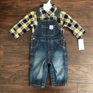 Jean overalls with gingham yellow long sleeve 6mos